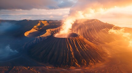 Majestic Eruption of a Volcano at Sunrise with Smoky Ash Clouds and Volcanic Landscape in Dramatic Lighting