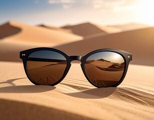 Stylish sunglasses resting on golden sands, capturing a vibrant desert sunset. Perfect for summer adventures and travel inspiration.