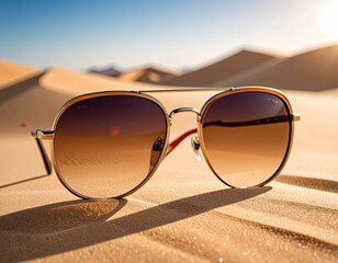 Stylish sunglasses resting on warm desert sand, capturing the essence of summer and sun protection. Perfect for fashion and travel.