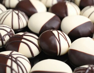 Close Up Of Delicious Dark And White Chocolate Cookies With Drizzled Icing In A Macro Shot With Soft Lighting