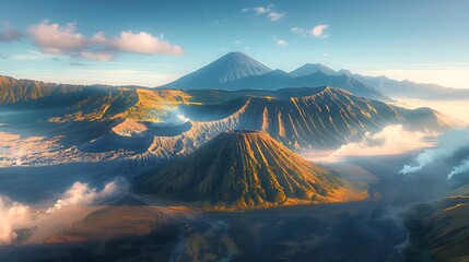 Majestic Sunrise Over Breathtaking Volcanic Landscape with Mist and Dramatic Mountain Peaks in the Background