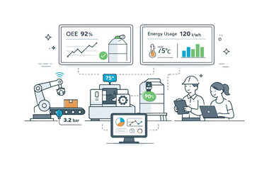 Industrial IoT Monitoring. Industrial IoT monitoring. Factory equipment connected to sensors and screens showing real-time metrics. Smooth data flow and
