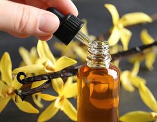 Hand Holding Dropper With Amber Essential Oil Above Glass Bottle Next To Vanilla Beans And Yellow Flowers On Dark Surface