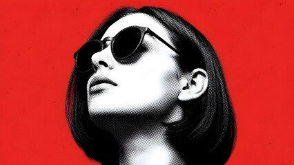 Stylish Black and White Woman in Sunglasses Looking Up on Red Background