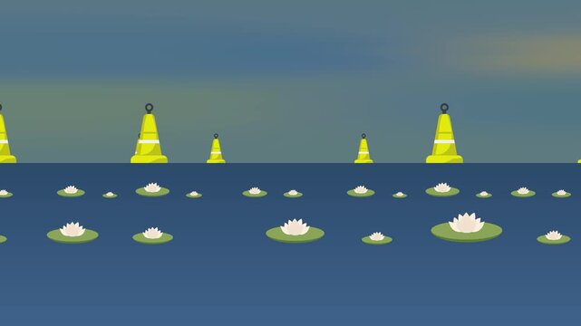 Fast motorboat speeding on water with parallax effect. 2D flat vector animation featuring yellow buoys and  lilies. Professional seamless loop for dynamic web UI, travel ads & business explainers.