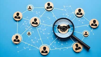 Business Network Connection with Handshake Magnifying Glass