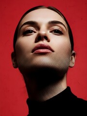 Confident Young Woman with Dark Hair in Black Turtleneck on Red Background