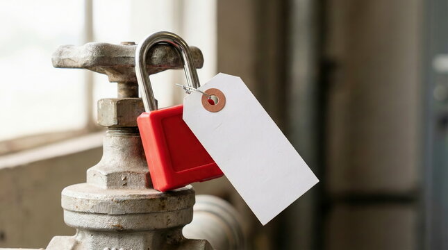 A red lockout padlock and blank tag on an industrial valve, symbolizing LOTO safety procedures for workplace maintenance and energy isolation.
