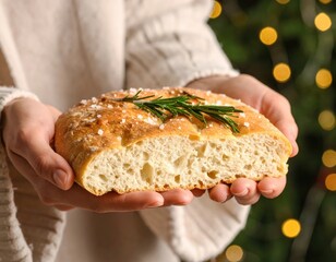 Hands holding rustic rosemary focaccia bread with coarse sea salt topping a festive blurry background with warm bokeh lights and green needles suggesting a holiday season celebration