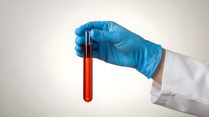 Hand in blue glove holding a laboratory test tube with red liquid sample on white background.