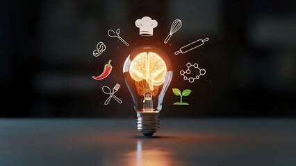 Fototapeta na wymiar Glowing light bulb with culinary icons including chef hat, utensils, chili pepper and plant on dark background representing food innovation and creative cooking concepts.