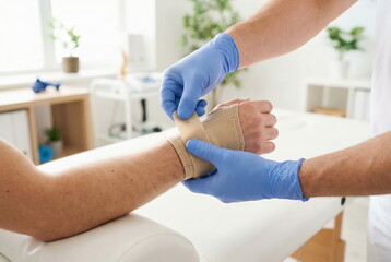 A doctor in blue gloves applies a wrist brace to a patient's arm in a bright clinic, focusing on physical therapy, injury recovery, and rehabilitation.