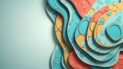 Abstract Layered Art with Teal Coral and Gold Curves on a Light Blue Background with Textured Details and Subtle Shadows