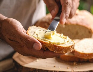 Close Up Of Hands Spreading Butter On Freshly Baked Sourdough Bread With Natural Lighting And Rustic Feel