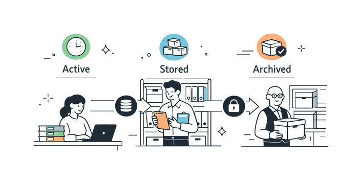 Data Management Illustration. Data lifecycle management. Archivists organizing records across active, stored, and archived stages. Structure and continuity,