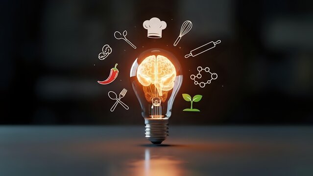 Glowing light bulb with culinary icons including chef hat, utensils, chili pepper and plant on dark background representing food innovation and creative cooking concepts.