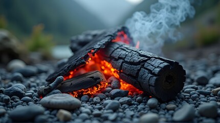 Obraz premium Closeup of a smoldering log glowing with red embers and smoke, resting on river pebbles in a blurred natural environment.