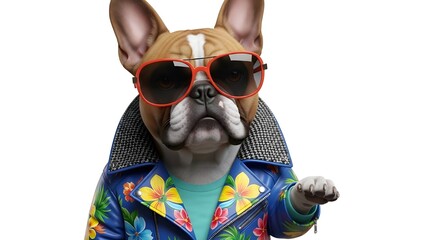 Cool French Bulldog wearing sunglasses and floral jacket isolated on white background