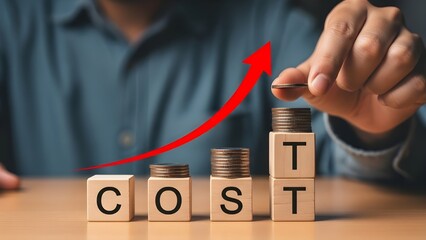 Hand stacking coins on COST word blocks with rising red arrow showing increasing financial costs