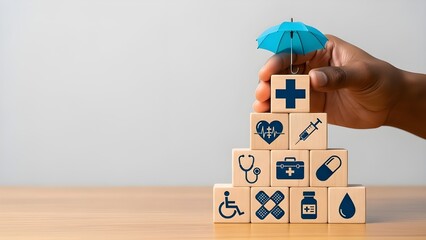 Hand holding blue umbrella over wooden health insurance medical icon blocks