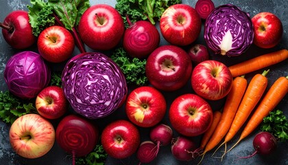 Vibrant Assortment Of Fresh Red Apples Beets Carrots And Red Cabbage Scattered Across A Dark Textured Surface