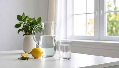 Clear Glass Pitcher And Tumbler Filled With Refreshing Water With Fresh Lemons And Green Leaves On A White Table Near A Sunlit Window