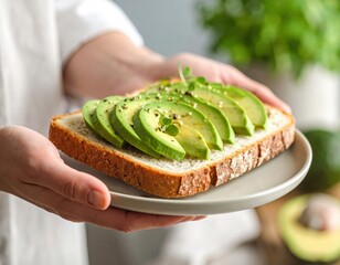Freshly Prepared Avocado Toast With Sliced Avocado And Seasoning On A White Plate Held By Hands Wearing A White Shirt With Greenery In The Background
