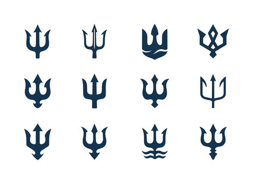 Atlantean Emblem Variations. Atlantean myth. Icon set. Set Logo of Atlantean myth: trident emblem. harmonious logo variations: Filled silhouette, Minimal