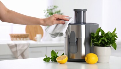 Close Up Of A Person's Hand Cleaning A Silver Juicer With A White Cloth In A Bright Kitchen With Lemons And Mint