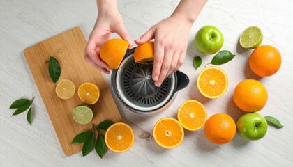 Hands Juicing Oranges with Green Apples and Limes on a White Wooden Table with a Cutting Board and Green Leaves