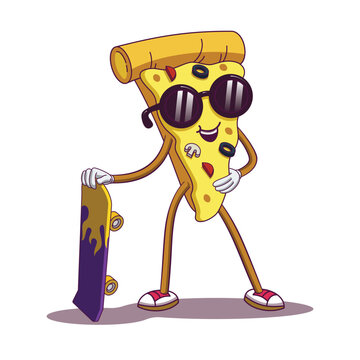 Pizza Character in Glasses posing with Skateboard | Cartoon Style | Vector illustration