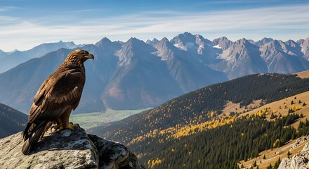 Golden Eagle Perched on Rock Overlooking Mountain Landscape.