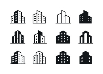 Building Logo Variations. Building. Icon set. Set Logo of building: apartment complex. harmonious logo variations of the same emblematic concept, each with