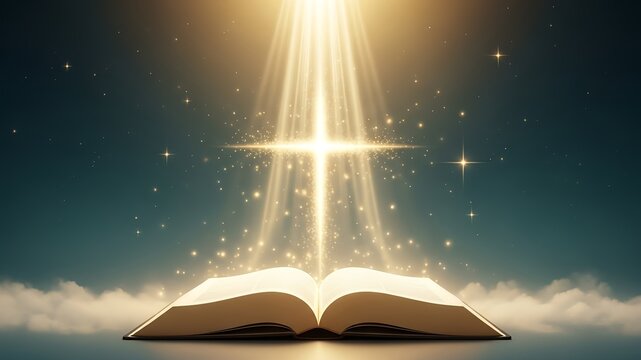 Open bible reveals a shining cross of light above, perfect for religious and spiritualthemed designs, easter, or churchrelated materials.