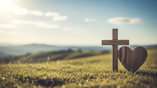 Wooden cross and heart on green grass under bright sky. Peaceful religious image suitable for spiritual concepts or nature themes.