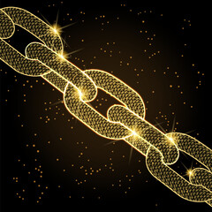 High-tech golden mesh chain links glowing on dark background. Symbolizes strong digital bonds, blockchain security, unbreakable partnerships, and financial technology connections in a luxury low-poly 
