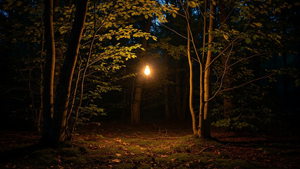 Fototapeta premium Mysterious forest path illuminated by a lone light source at night