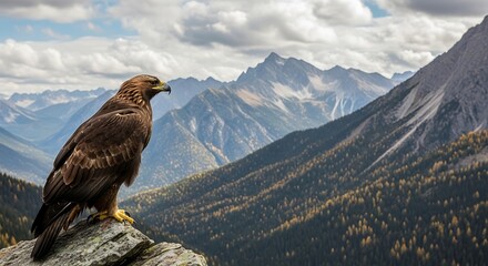 Golden Eagle Perched on Rock with Mountain Vista.