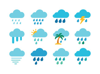 Fototapeta premium Colorful Rain Icon Set. rain types. Colorful flat vector icons set of rain types: light drizzle, steady rain, heavy rain, thunderstorm rain, freezing rain,