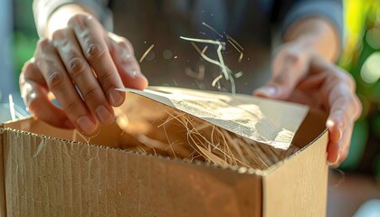 Hands Opening A Cardboard Box Filled With Straw Packing Material Revealing A Card Inside With Sunlight Streaming Through.