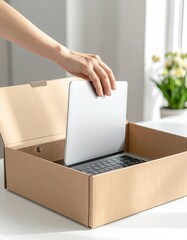 Close up on a Hand Unpacking a New Silver Laptop from a Cardboard Box with Soft Natural Light and Green Plants in the Background