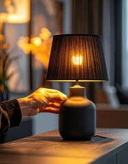 Hand Reaching To Turn On A Black Fabric Lampshade Table Lamp With Warm Light In A Cozy Room At Dusk