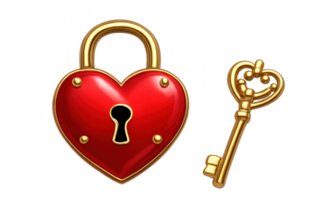 Red heart padlock unlocking with golden ornate key