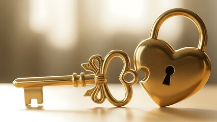 Golden heart shaped lock and key symbolizing love and security