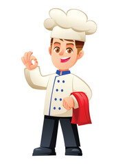 Confident boy chef showing an ok sign and carrying a red kitchen towel. Vector cartoon character illustration