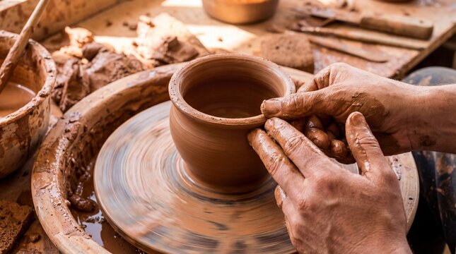 Close up view of potter hands shaping wet red earthenware clay on a spinning pottery wheel. - Powered by Adobe