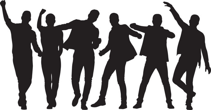 Silhouette young men dancing, celebration, energetic poses, vector illustration