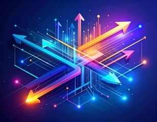 Futuristic Digital Grid Interconnected Glowing Arrows Illustrating Data Streams, Innovation, and Multifaceted Progress in Technology and Communication