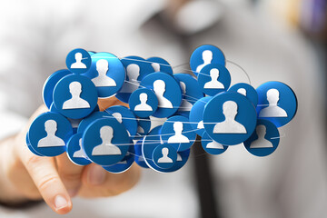 Depicts a network of connected human profile icons, representing teamwork, social networking and collaboration. Blue and white colors, blurred b