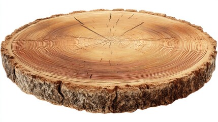 A cross-section of a tree trunk displaying intricate growth rings and a natural bark edge, highlighting the wood's texture and age.